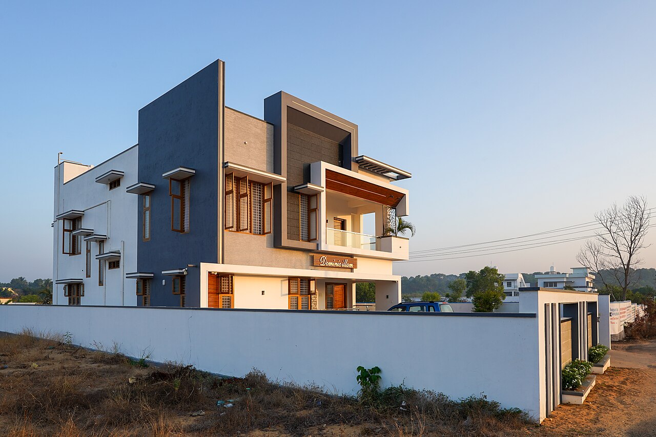 Modern independent house in India at dusk
